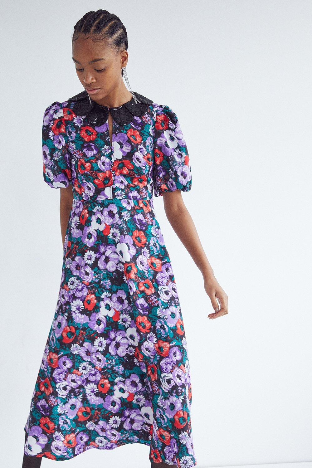 Sequin Collar Midi Dress | Warehouse